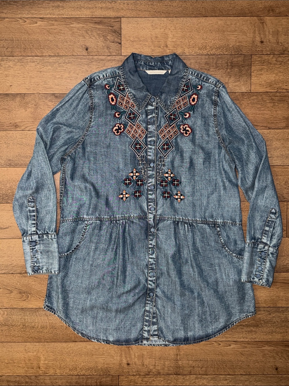 Soft Surroundings Size XL Embroidered Chambray Floral Tunic Top Denim Fairy Boho